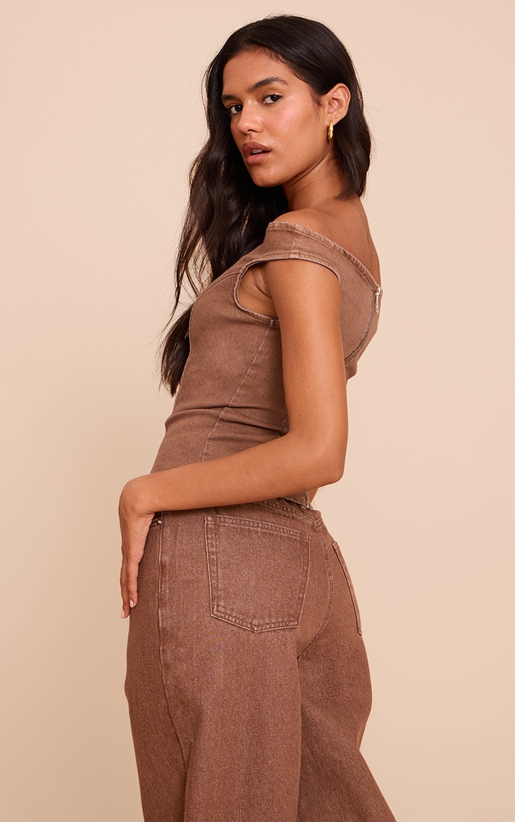 Brown Off The Shoulder Stretch Denim Top image 2
