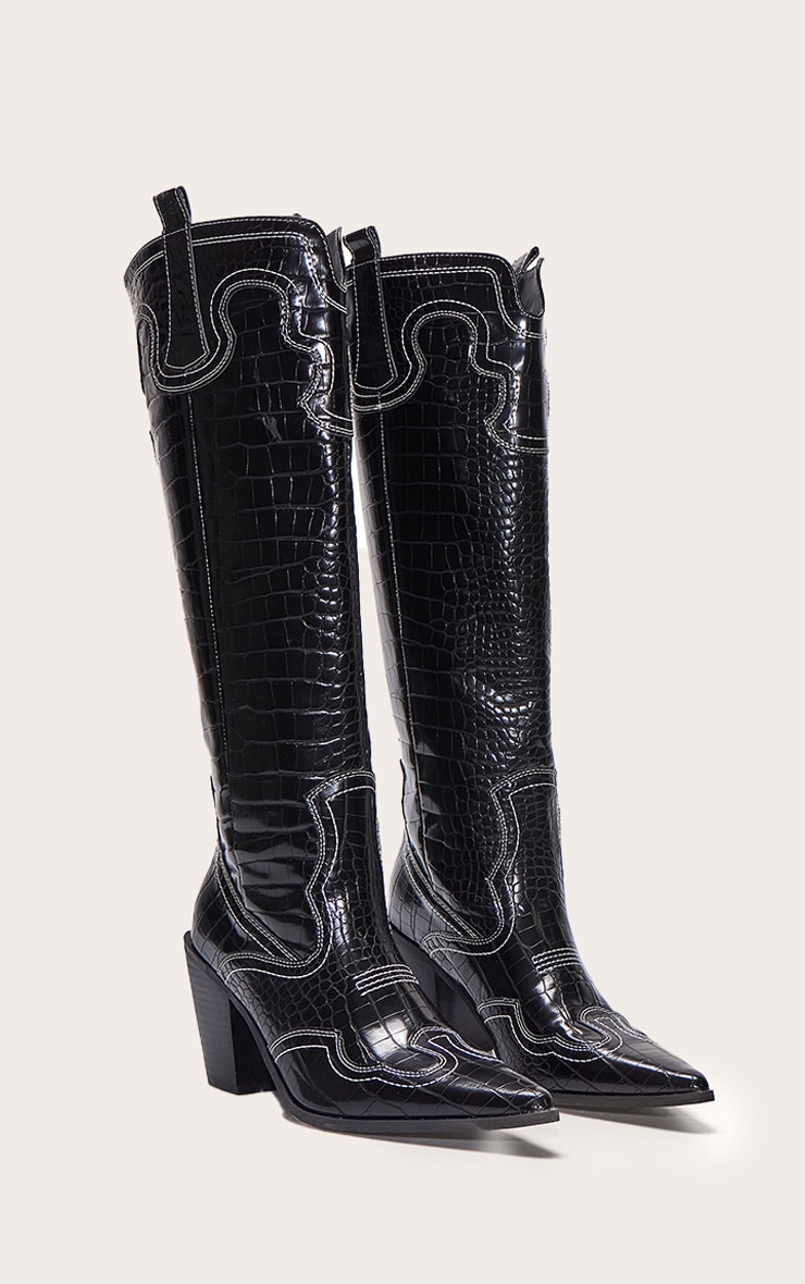 Bottes hautes pointues en PU noir effet croco à talon carré haut et coutures style western image 2