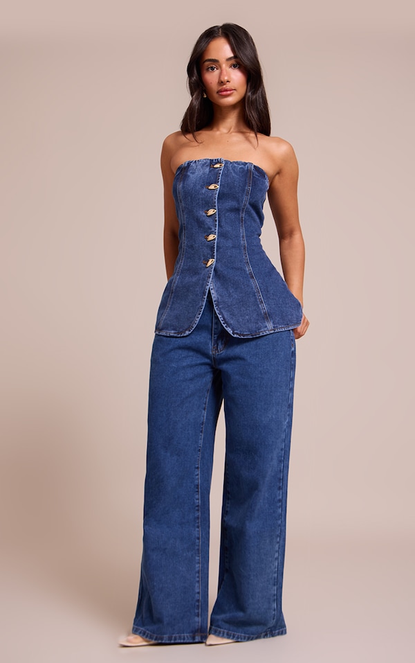 Petite Washed Blue Wide Leg Mid Rise Denim Jeans