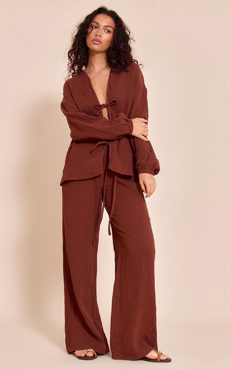 Dark Brown Cheesecloth Textured Wide Leg Pant image 1