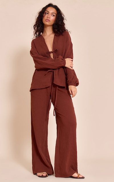 Dark Brown Cheesecloth Textured Wide Leg Pant