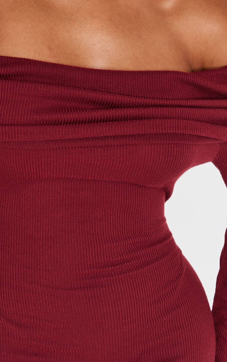 Shape Burgundy Rib Bardot Long Sleeve Maxi Dress image 4
