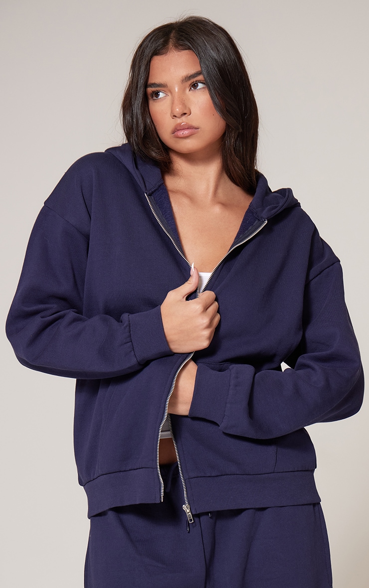 Navy Premium Zip Up Oversized Hoodie image 4