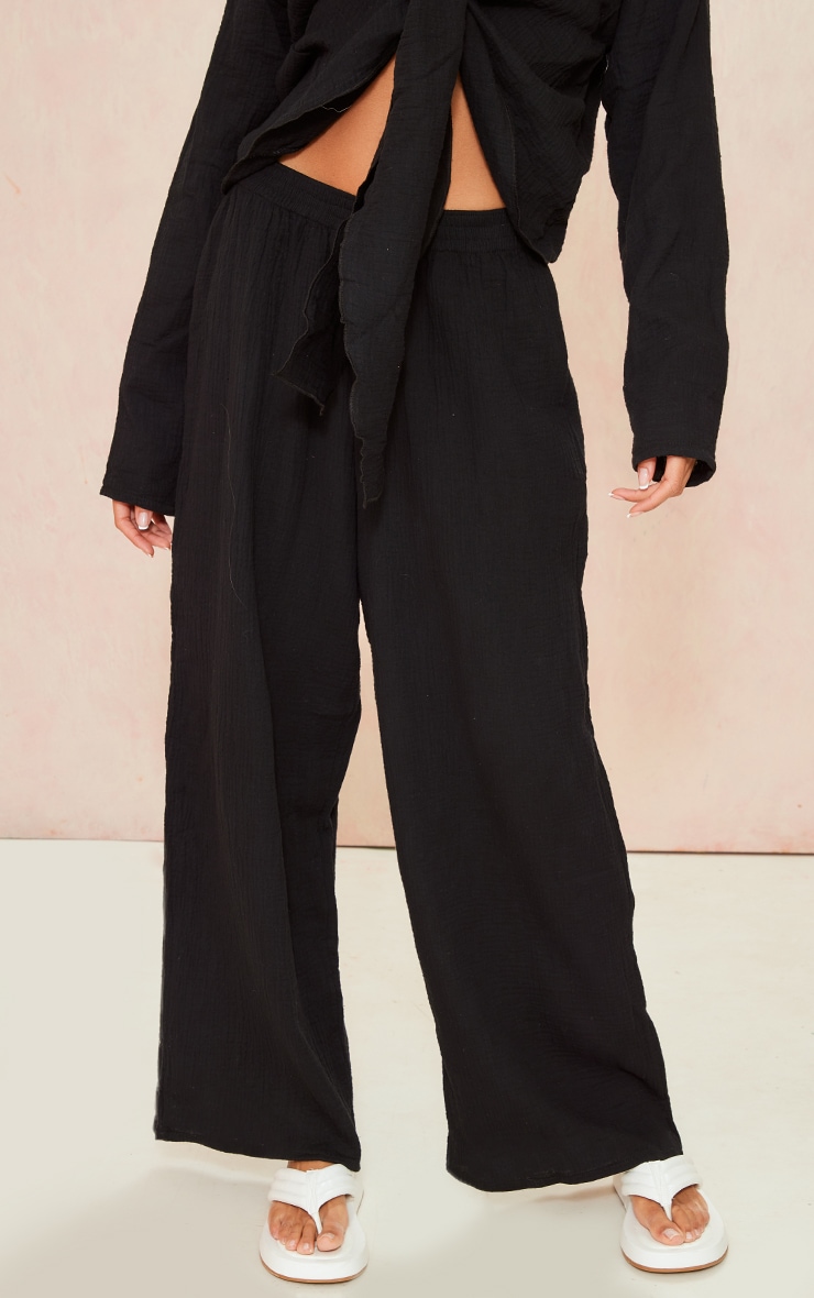 Black Textured Cheesecloth High Waist Wide Leg Trousers image 2