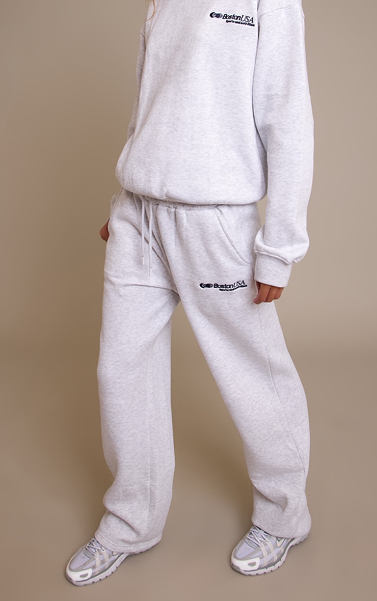 Ash Grey Wide Leg Boston Usa Embroidered Track Pants image 2
