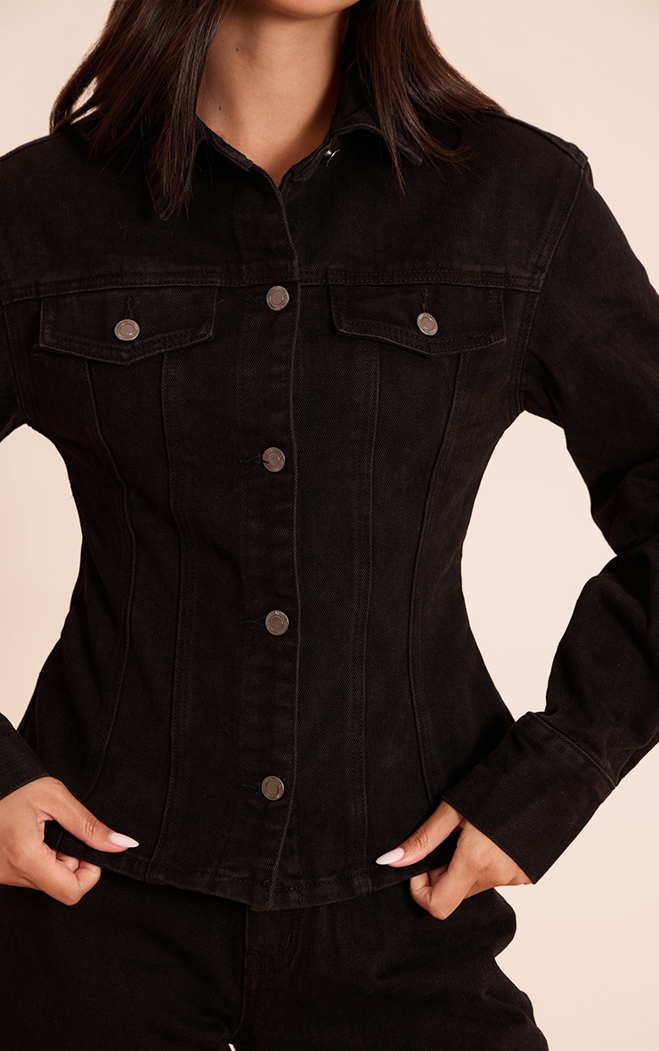 Washed Black Long Sleeve Cinch Waist Denim Jacket image 4