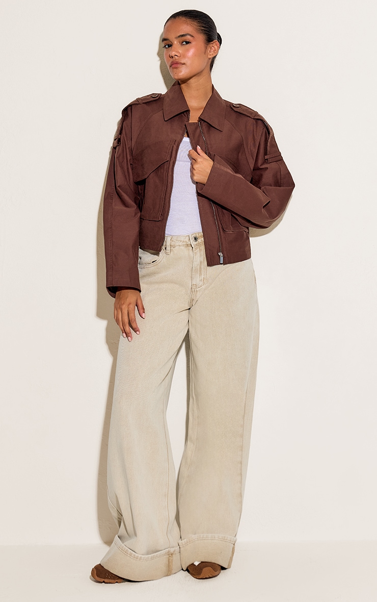 Chocolate Trench Detail Cropped Zip Up Jacket image 3