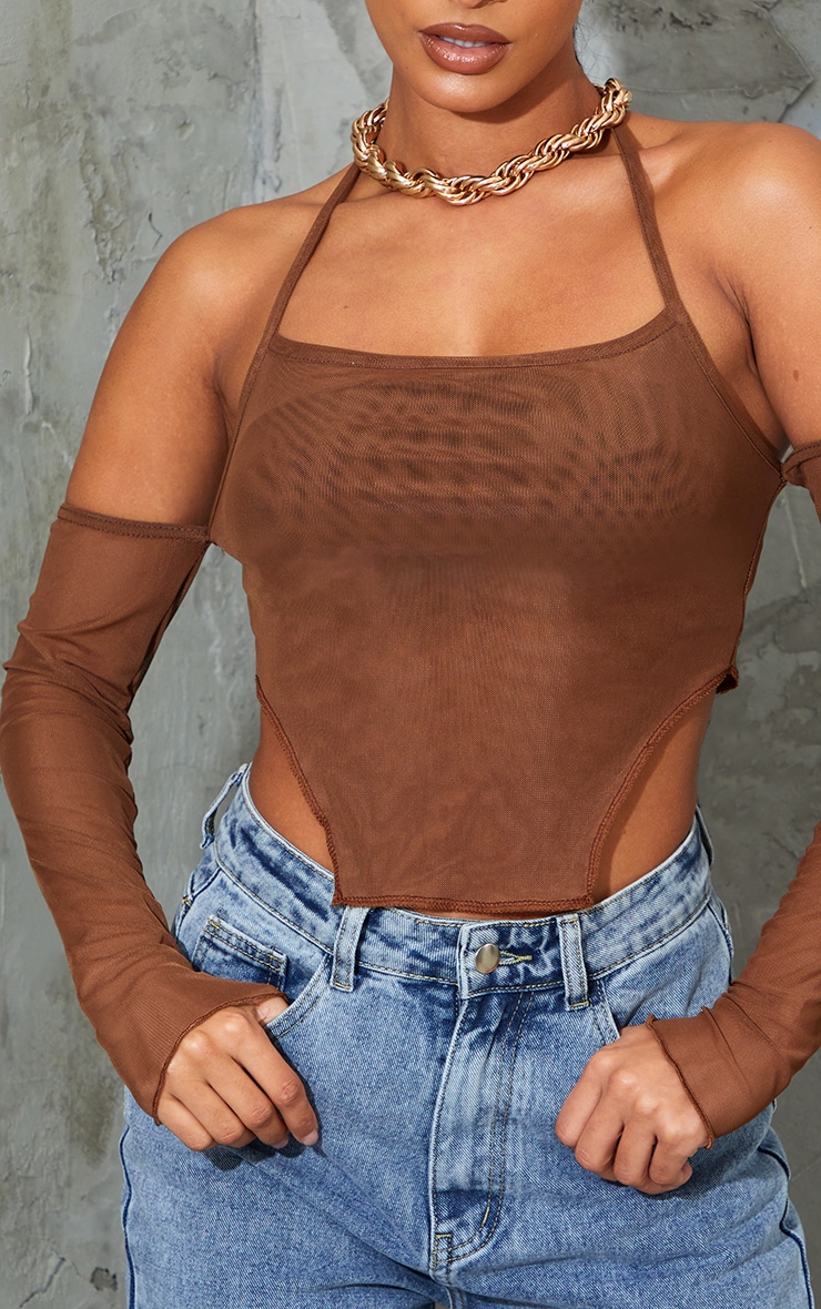 Chocolate Mesh Halterneck Square Hem Long Sleeve Crop Top image 4