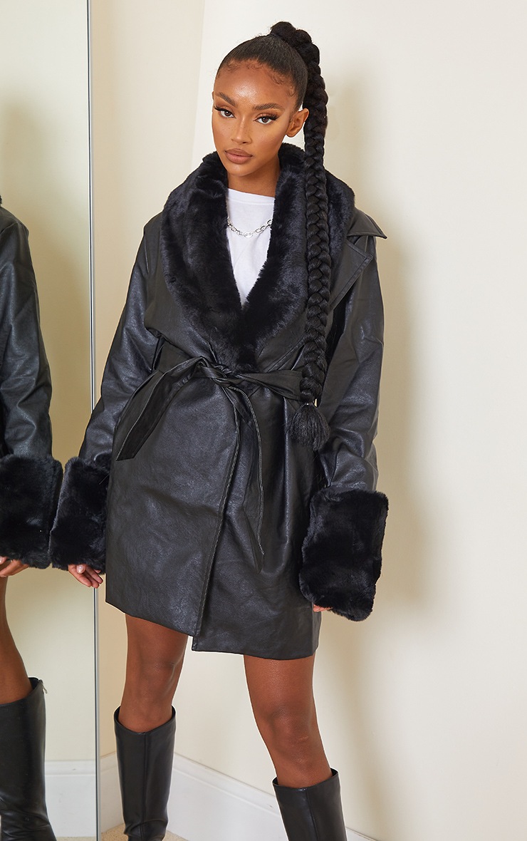 Black PU Detachable Faux Fur Mini Trench