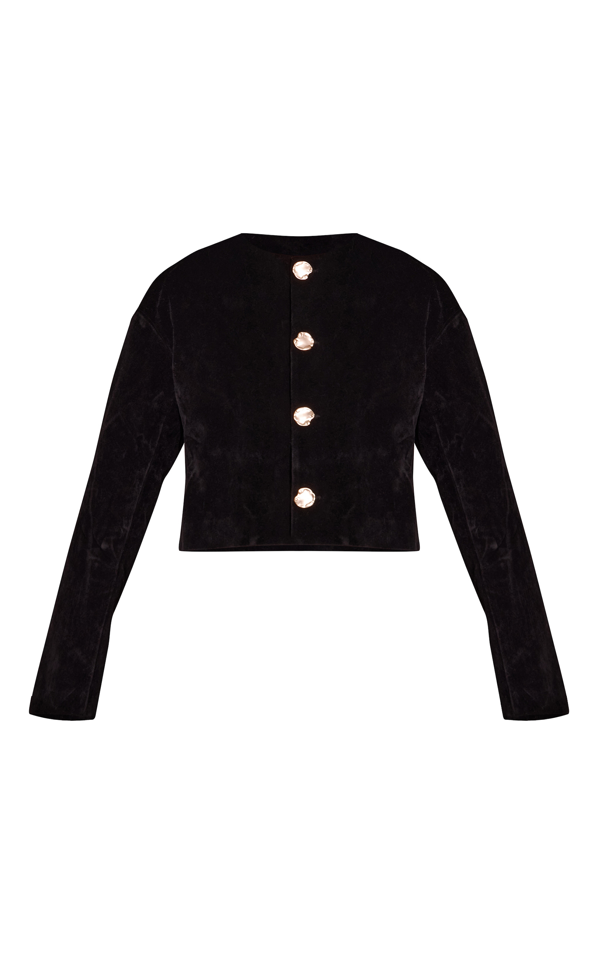 Black Round Neck Gold Button Suede Jacket image 5