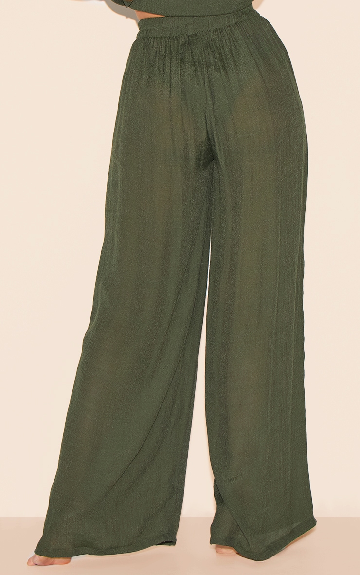 Khaki Green Linen Look Palazzo Beach Pants image 3