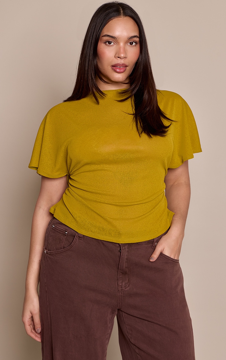 Plus Olive Cape Detail Ruched Side Top image 1