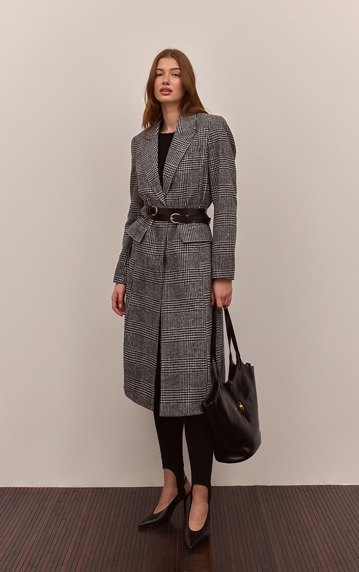 Manteau long en effet laine noir carreaux à simple boutonnière et lisérés structurants image 2