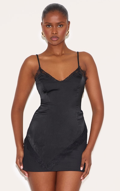 Black Satin Lace Detail Strappy Asymmetric Cami Top