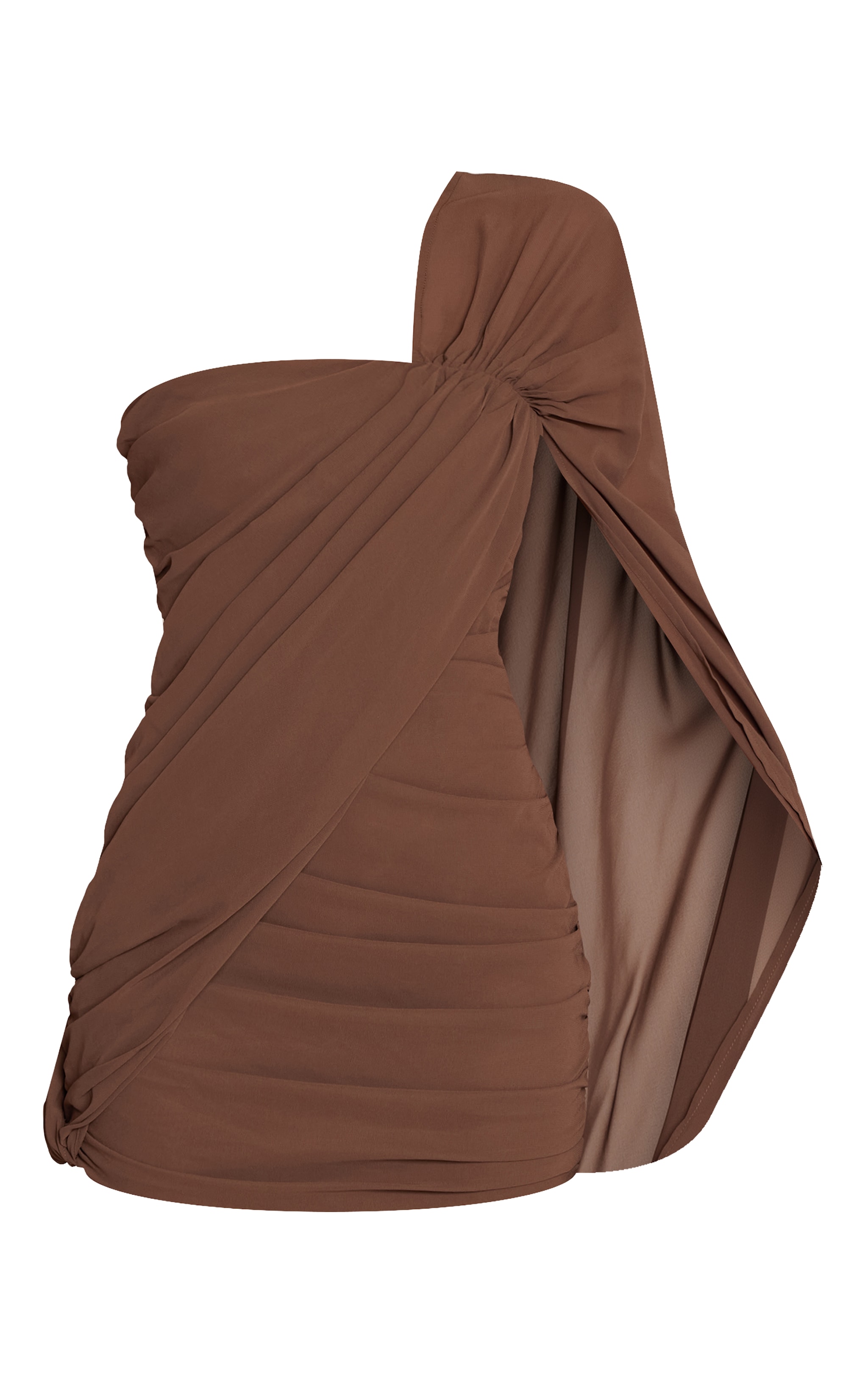 Chocolate Chiffon Ruched One Sleeve Mini Dress image 5