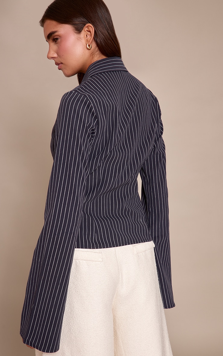 Navy Stripe Seam Detail Fitted Shirt image 2