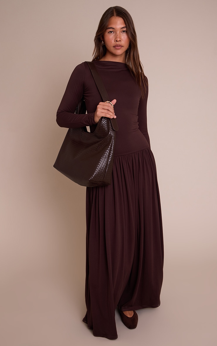 Chocolate Double Layer Jersey Dropped Waist Long Sleeve Maxi Dress