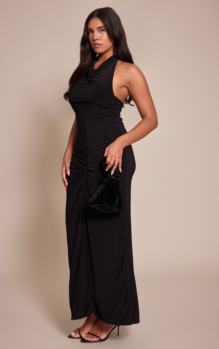 Shape Black Halter Neck Tie Back Gold Trim Cowl Maxi Dress image 3