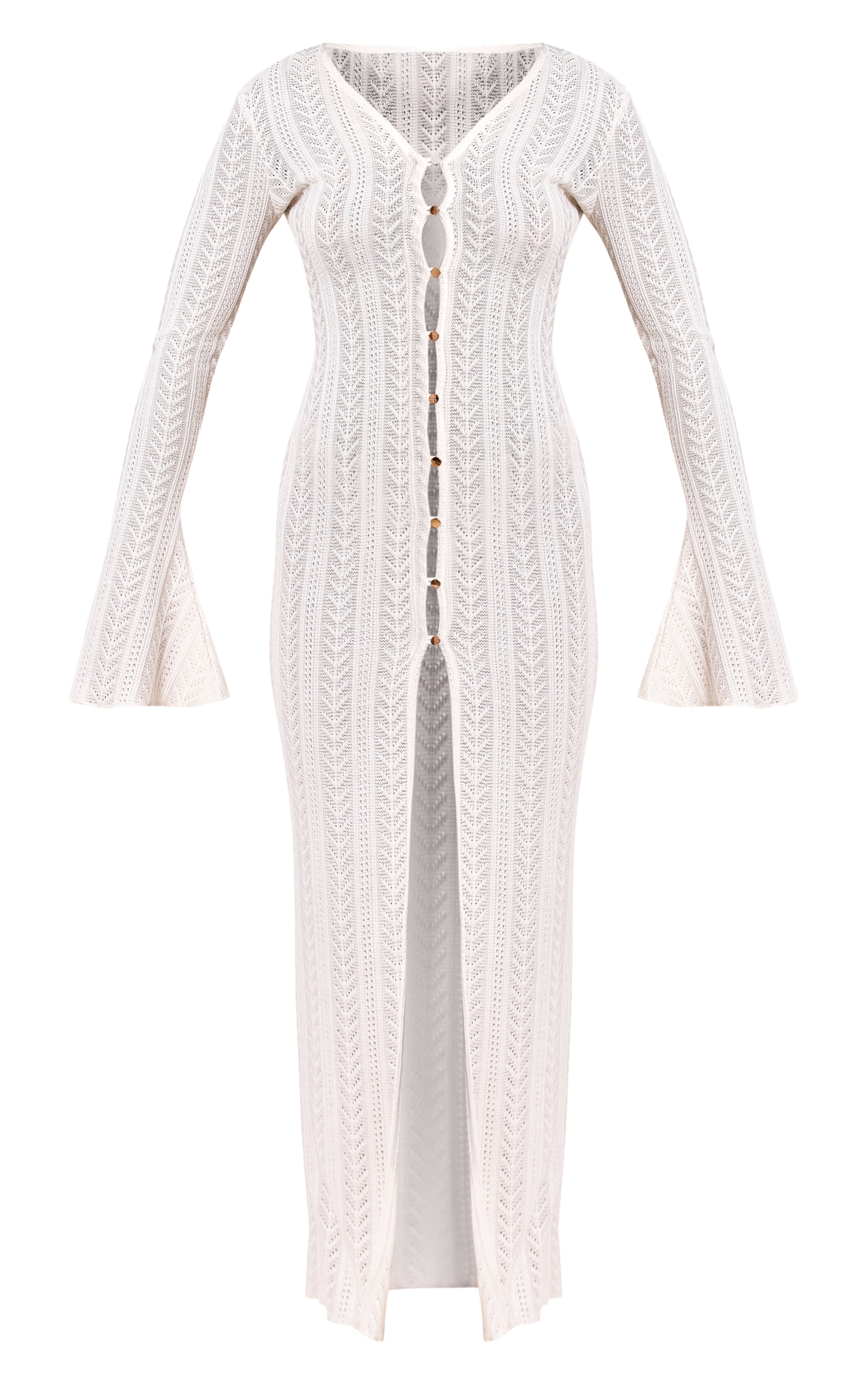 Cream Textured Button Flared Sleeve Maxi Dress image 5