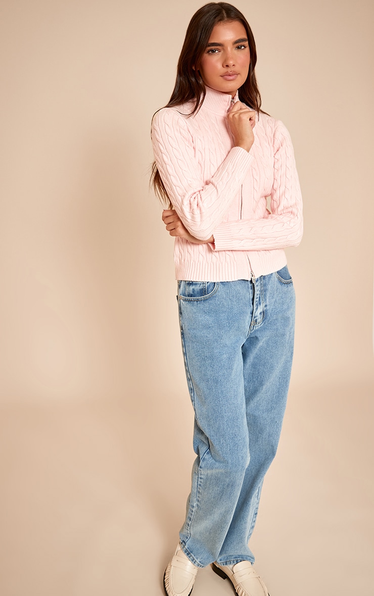 Pull en maille tricot torsadée rose à manches longues et zip image 3