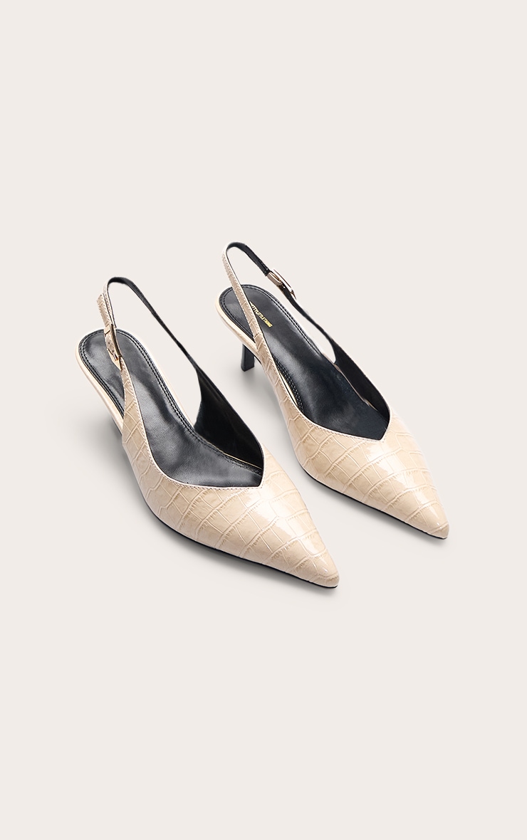Cream Croc V Cut Sling Back Low Heeled Courts image 3