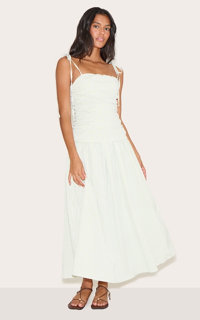 Robe longue vert sauge froncée à carreaux et détail bretelles fines