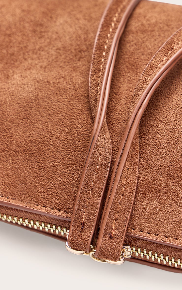 Tan Faux Suede Elongated Handle Shoulder Bag image 4