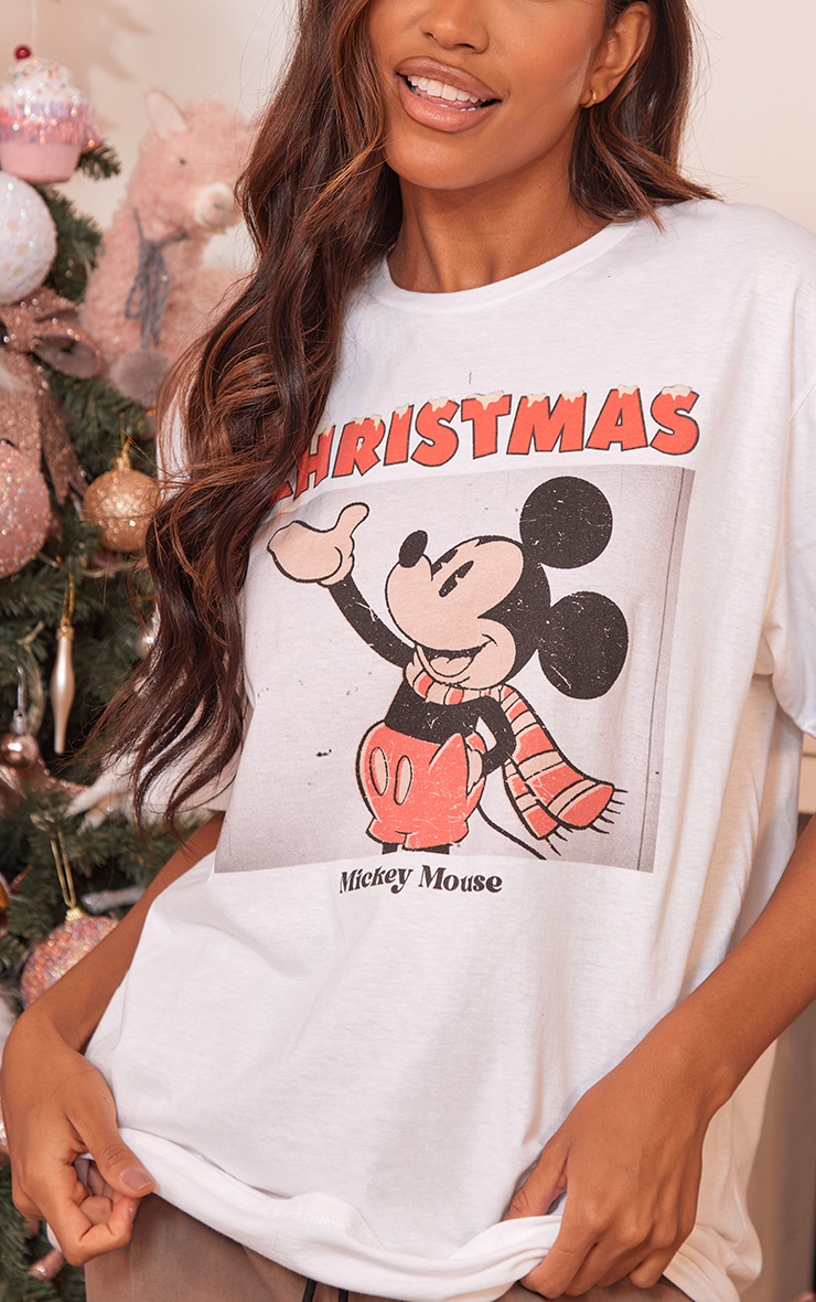 White Mickey Mouse Christmas Print T Shirt image 4