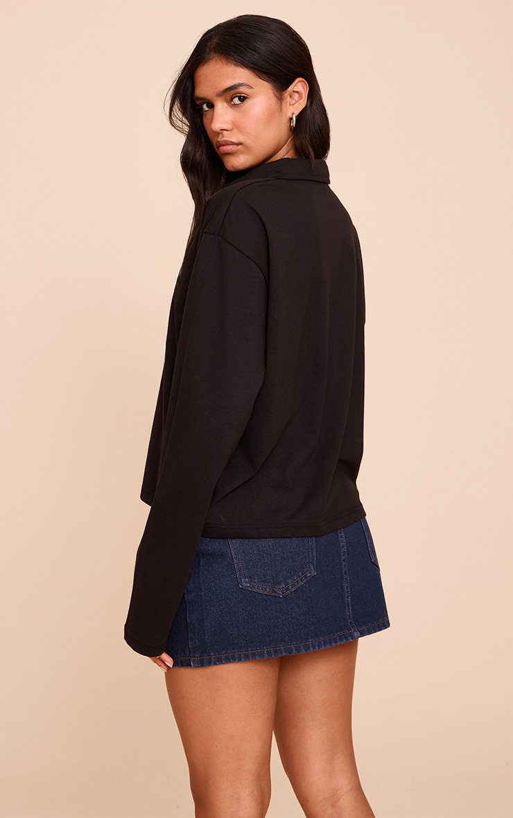 Black Cotton Collar Detail Long Sleeve Top image 2