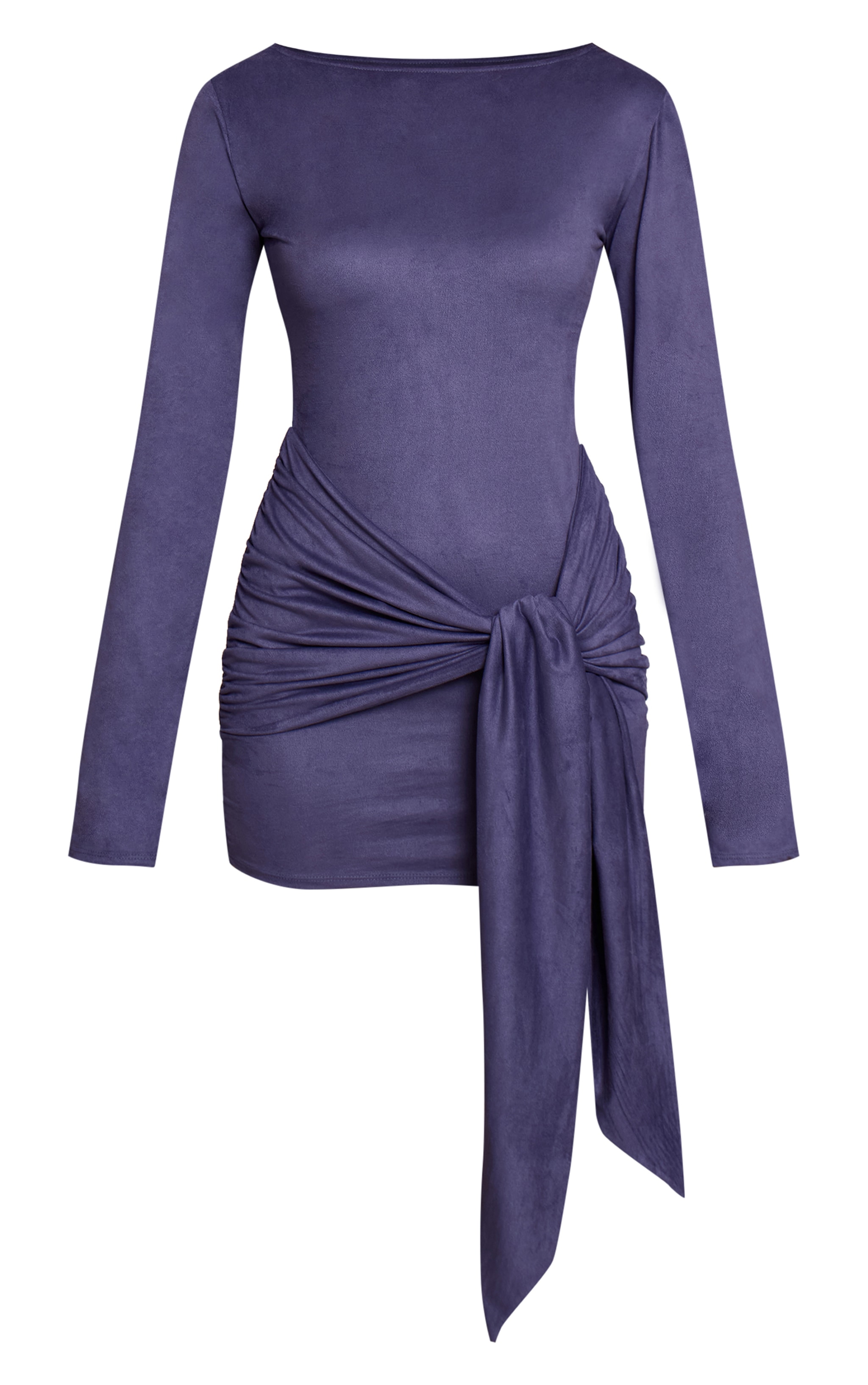 Powder Blue Suede Boat Neck Tie Waist Detail Bodycon Dress image 5