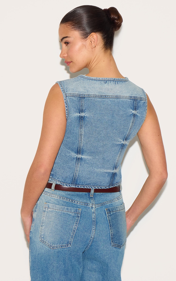 Mid Blue Wash Round Neck Sleeveless Denim Crop Top image 2
