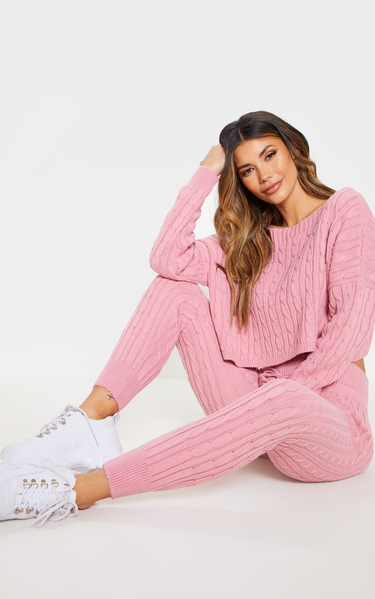 Ensemble rose cendré pull & legging en maille torsadée