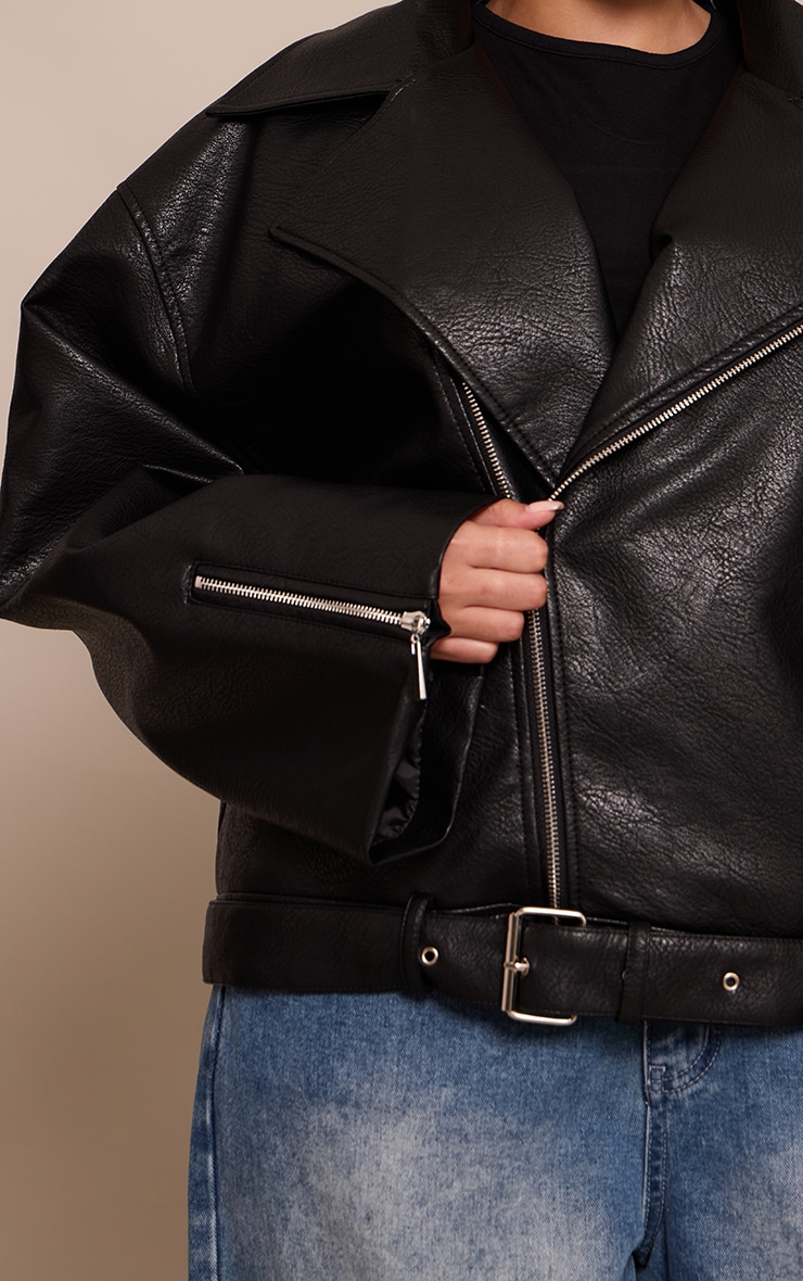 Plus Black Oversized Biker  Faux Leather Jacket image 4