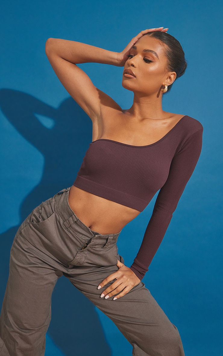 Aubergine Contour Rib One Shoulder Band Crop Top image 1