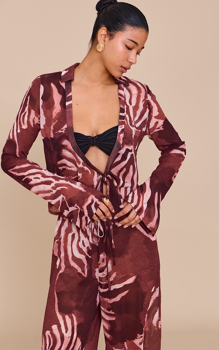 Brown Chiffon Abstract Print Long Sleeve Tie Front Shirt image 4
