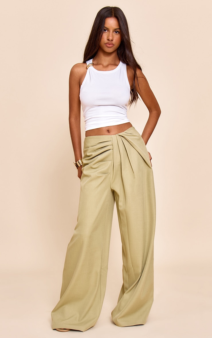Petite Sage Green Tailored Woven Pleat Detail Wide Leg Pants image 1