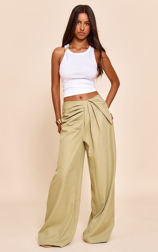 Petite Sage Green Tailored Woven Pleat Detail Wide Leg Pants