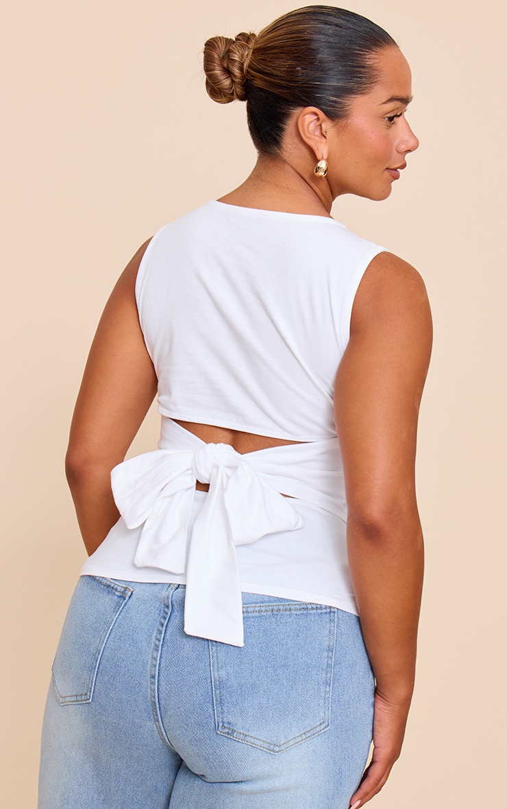 Shape White Boat Neck Tie Back Sleevless T-shirt image 2