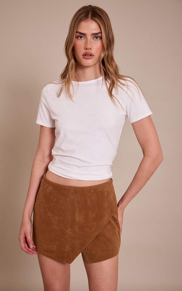 Camel Faux Suede Wrap Mini Skirt