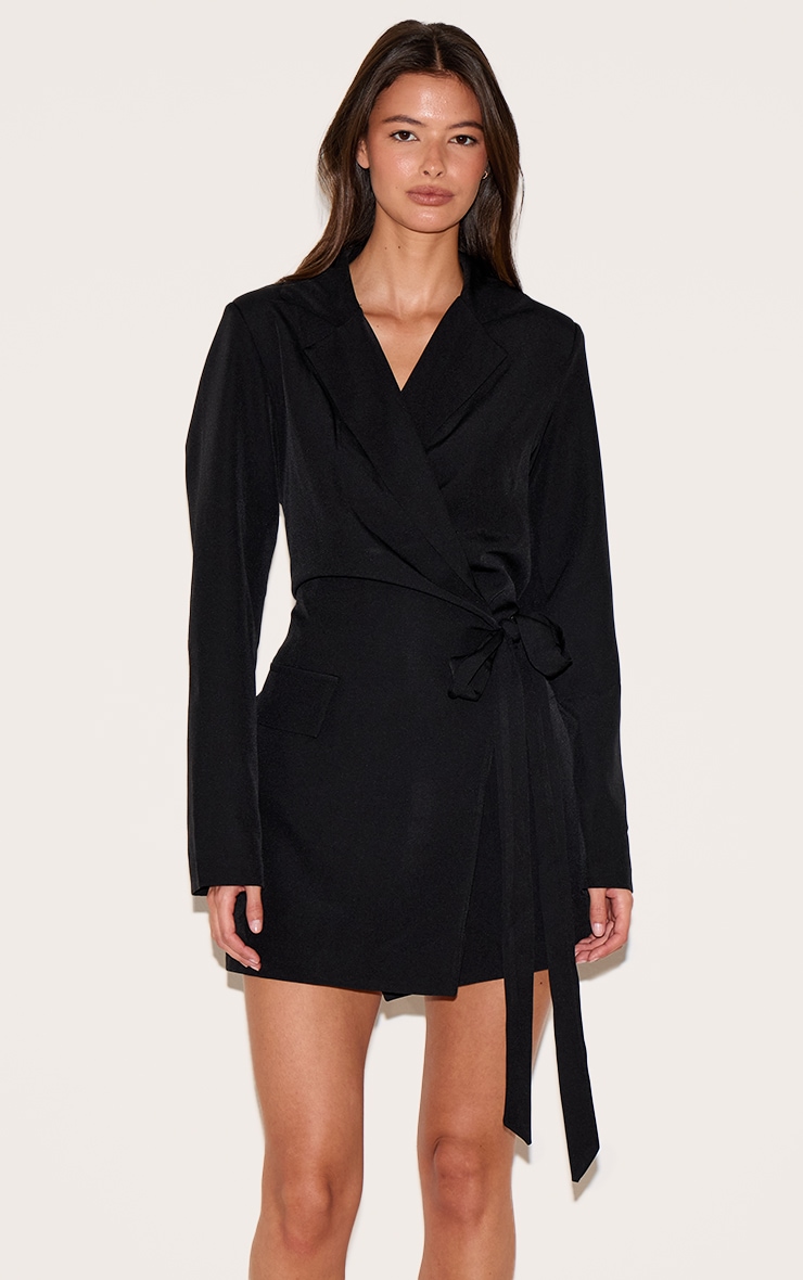 Black Woven Wrap Tie Blazer Dress image 3