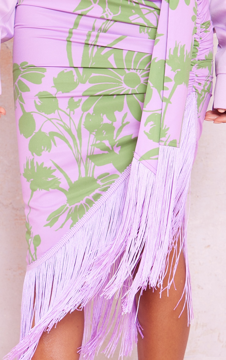 Purple Floral Print Tassel Hem Midi Skirt image 4