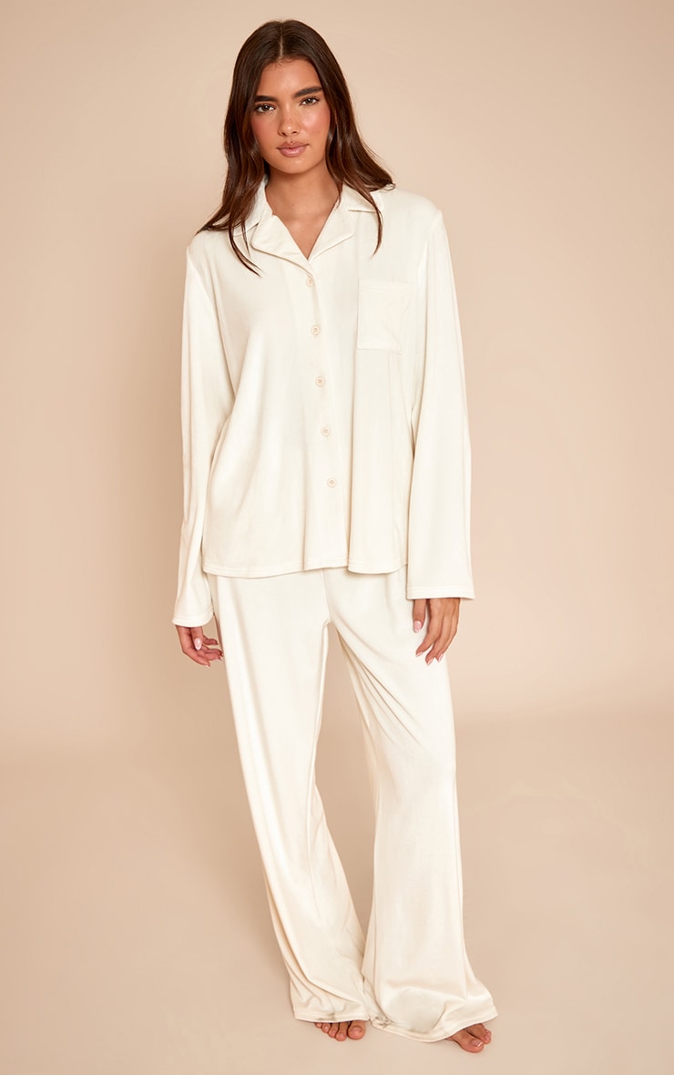 Cream Soft Touch Piping Detail Pajama Set image 1