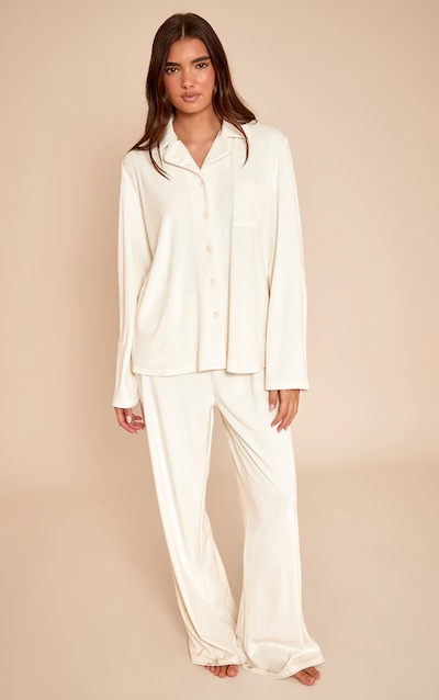 Cream Soft Touch Piping Detail Pyjama Set