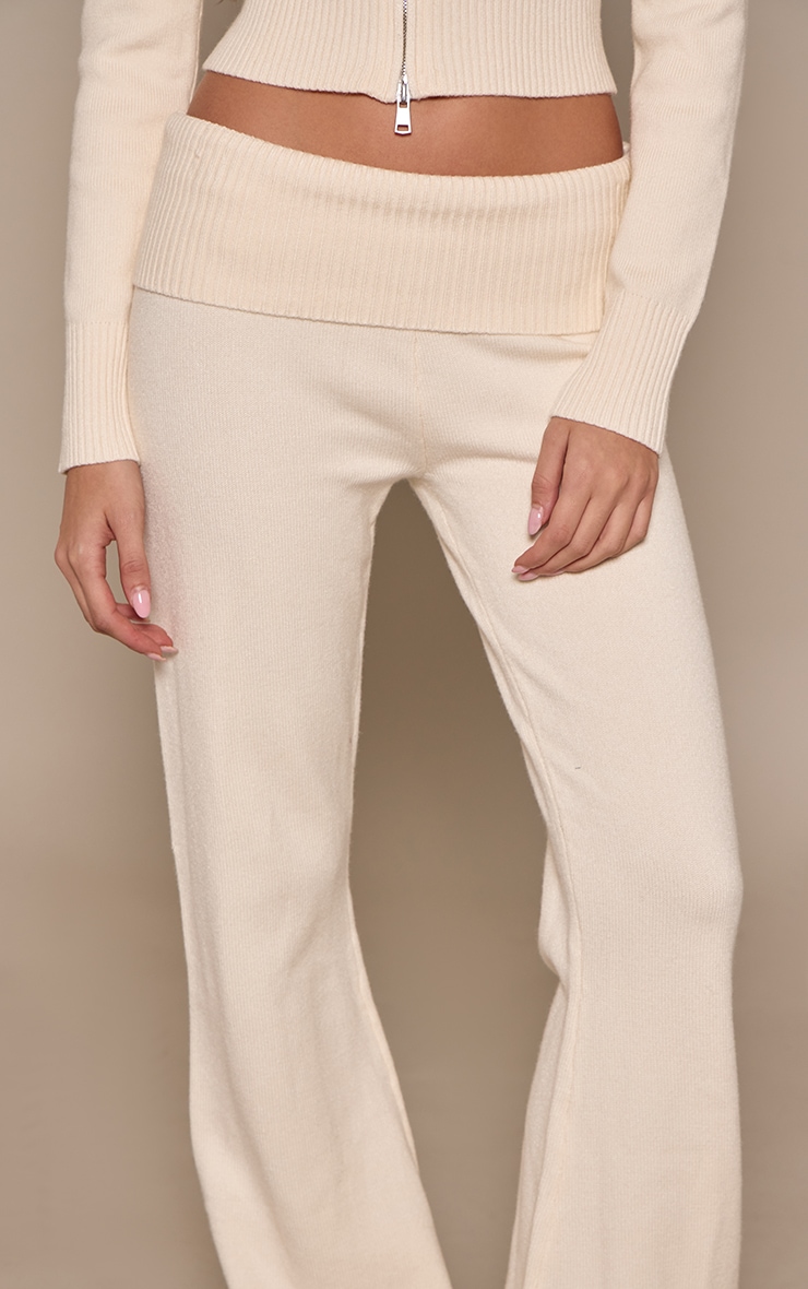 Cream Fold Over Waist Band Flared Knitted Trousers image 4