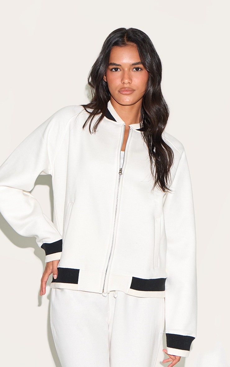 Ecru Contrast Seam Sweat Bomber Jacket image 1
