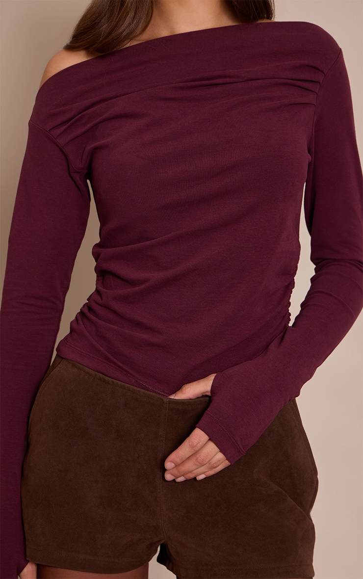 Wine Soft Cotton Ruched Asymmetric Long Sleeve Top image 4