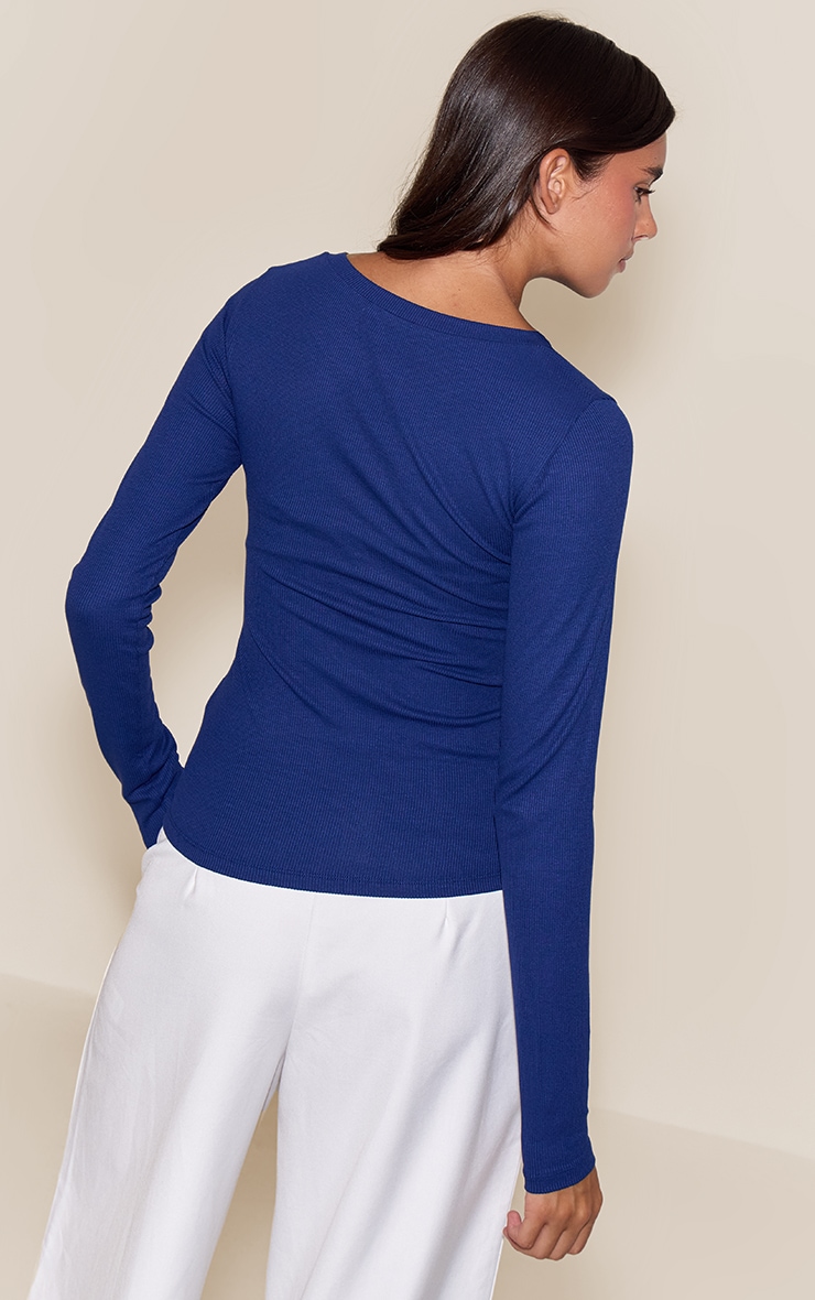 Navy Soft Rib Button Up Fitted Long Sleeve Top image 2