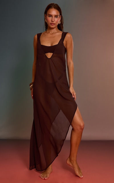 Espresso Chiffon Sheer Strappy Beach Maxi Dress