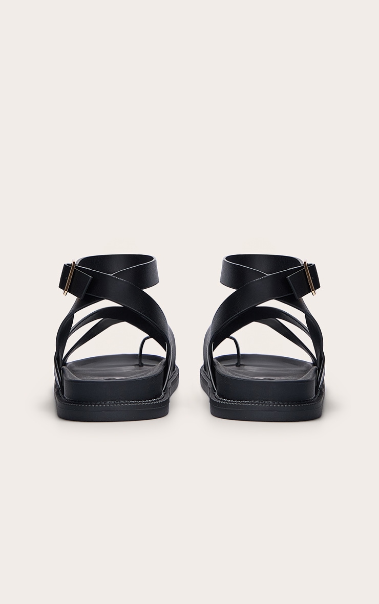 Black Pu Round Toe Ankle Strap Footbed Sandals image 3