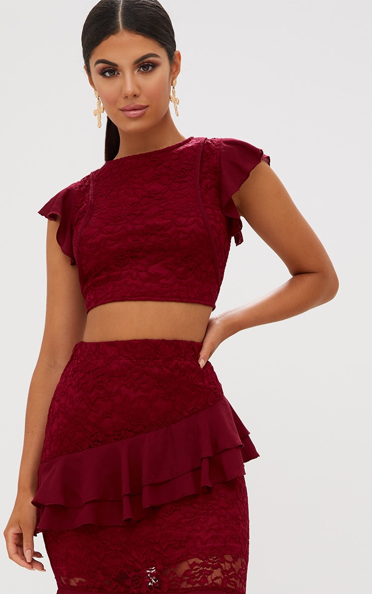 Burgundy Lace Frill Sleeve Detail Crop Top. Tops | PrettyLittleThing USA